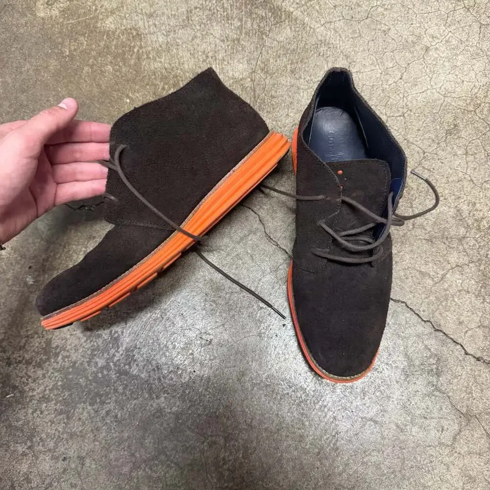 Cole Haan Lunargrand Chukka Boots in Brown Suede with Orange Sole